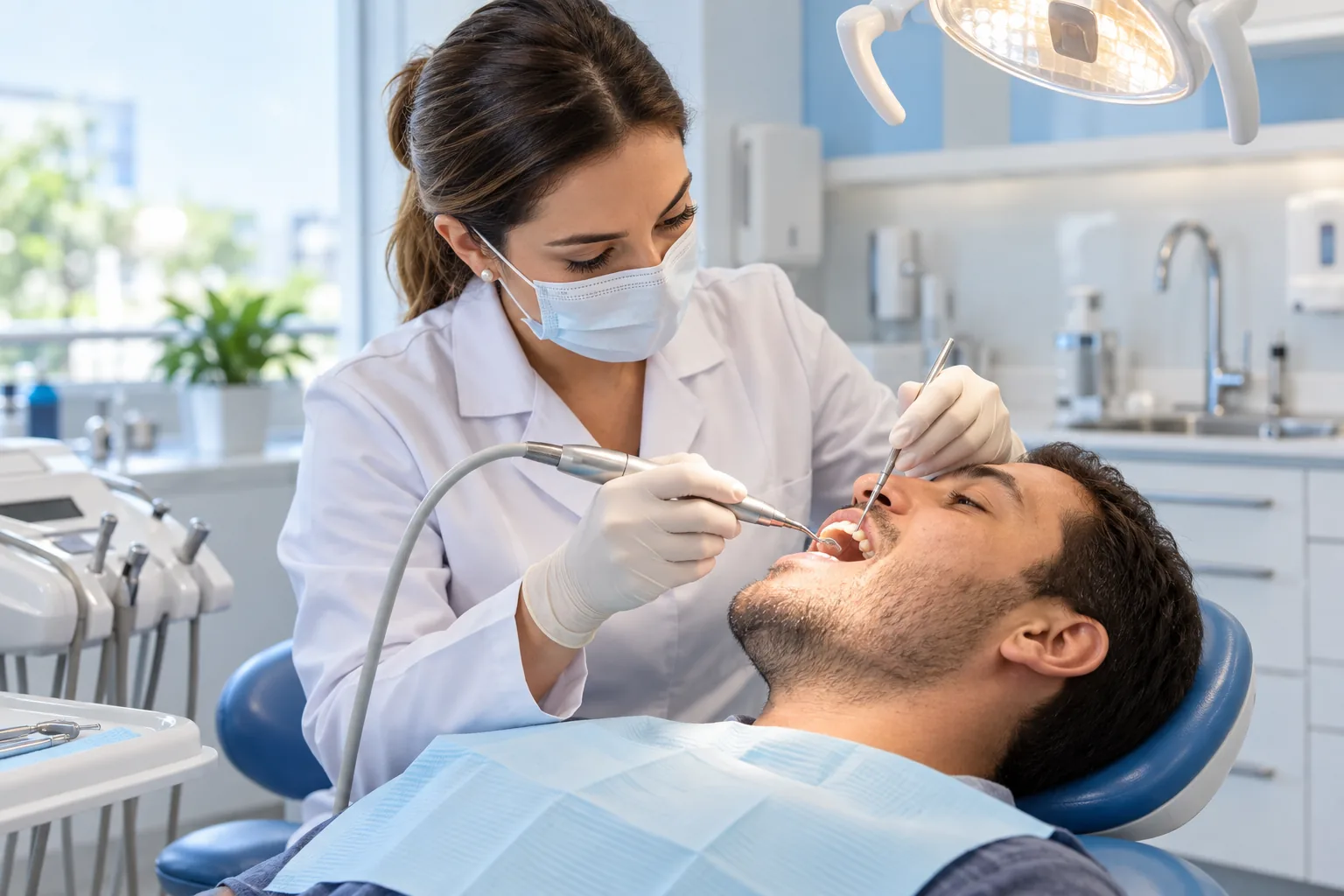 Dentista realizando avaliação odontológica em paciente