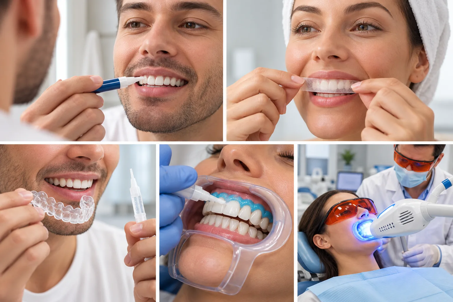 Formas ilustrativas de aplicação de clareamento dental acompanhadas por dentista
